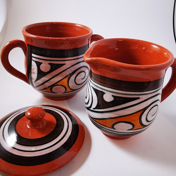 Vintage Red Clay Pottery Cream and Sugar Abstract Brown White Mustard Colour - Picture 13 of 16